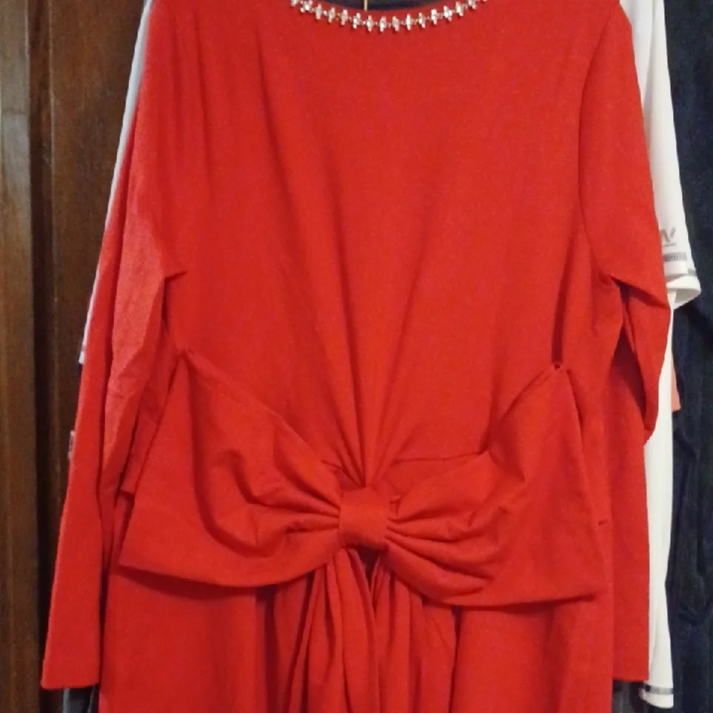 Eloquii Red Long Sleeve Dress with Embellished Neckline - Picture 4 of 10